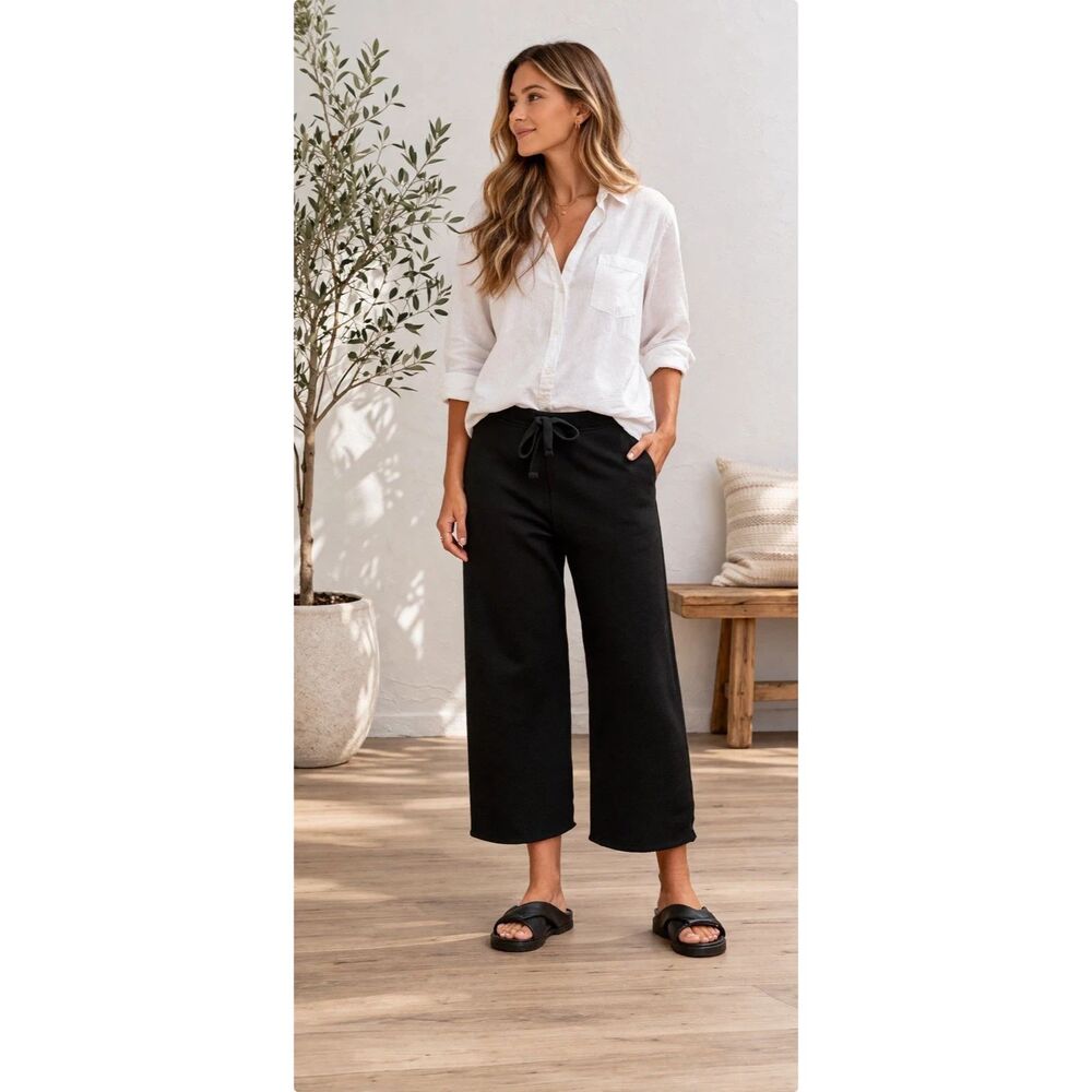 Frank & Eileen Catherine Black Cropped Wide Leg Pants Raw Hem Size L